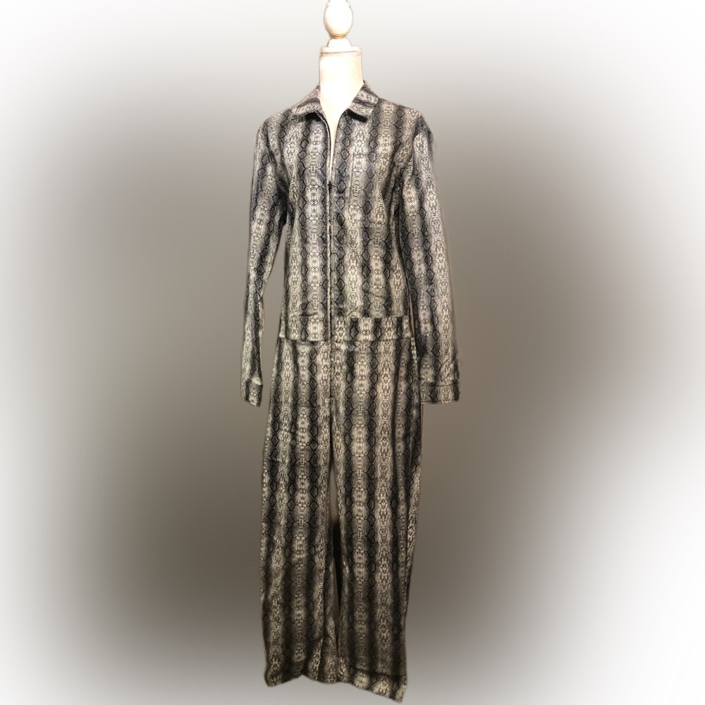 asos DESIGN Gray Snake Animal Print Leather Look Jumpsuit Coveralls